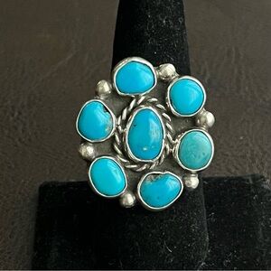 Vintage signed Zuni large Turquoise and sterling silver cluster ring
